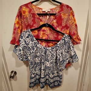 LOFT Lot Of 2 Floral Print Lightweight Short Sleeve Tops Sz L Summer Vacation